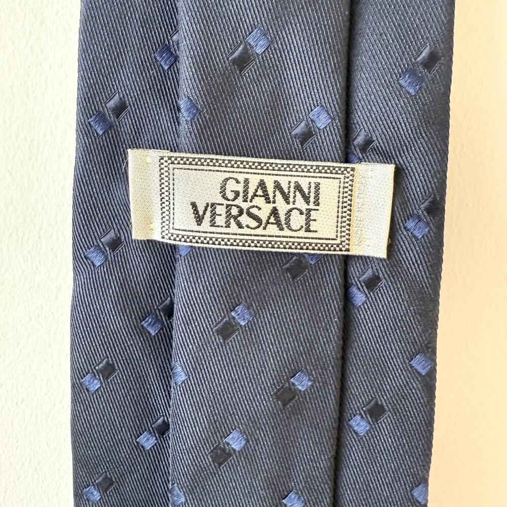 Gianni Versace Navy Blue Tie Squares Embroidered Motif 100% Silk (3.5" Width)